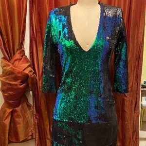 ZARA Sequin V-Neck Dress in Blue and Green